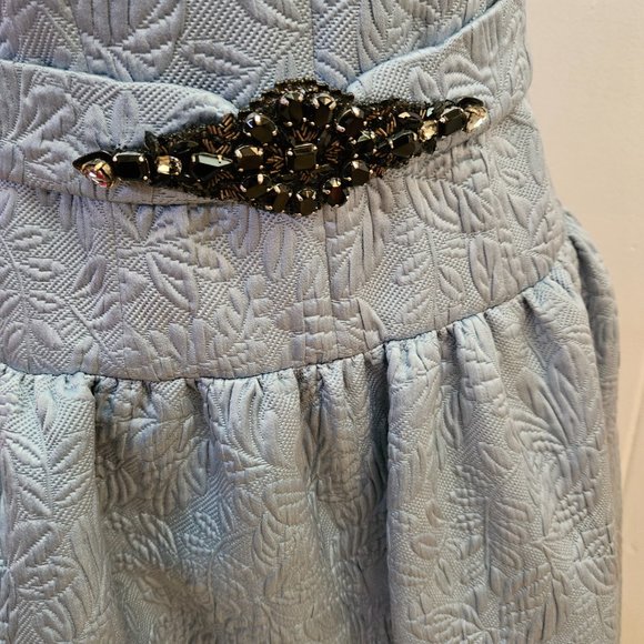 Wonderful MONIQUE LHUILLIER Light Blue Silk Brocade Beaded Formal Dress 4 XS S - Picture 6 of 14